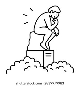 Minimal doodle icon showing a classical seated sculpture displayed on a raised pedestal, with simple artistic accent doodles around it.