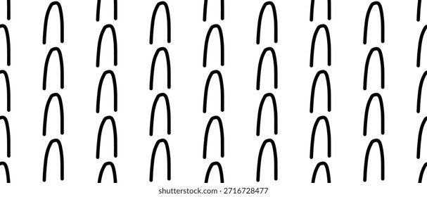 Minimales Doodle-Muster mit schwarzen U-förmigen Linien auf weißem Hintergrund. Abstraktes geometrisches Design mit einfachem Rhythmus. Vektorgrafik auf einzeln Hintergrund.