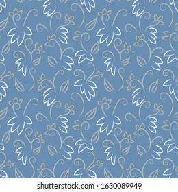 minimal doodle plants seamless vevctor pattern in muted blue color