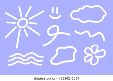 Minimal Doodle Set – Sun, Clouds, Waves and Floral Shapes – Calm Blue Hand-Drawn Elements