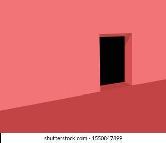 Minimal door open on the pink wall background.