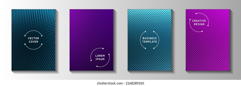 Kit vectorial de las plantillas de portada de tonos de pantalla con punto mínimo desvanecido. Patrones de tonos perforados de revistas urbanas. Diseños de portadas de historietas antiguas. Píxeles redondos.