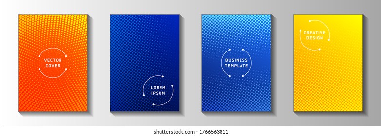 Colección vectorial de plantillas de portada de semitono perforadas de punto mínimo. La revista digital desvaneció los patrones de semitono. Folletos de portada estilo historietas de manga retro. Diseño de líneas de arte en índigo azul anaranjado