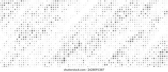 Plano de fundo em escala de cinza pontilhado mínimo com efeito de meio-tom. Padrão gráfico vetorial simples com pontos cinzas em um branco