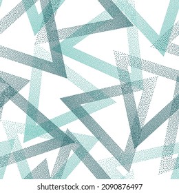 Minimal dotwork triangles vector seamless pattern. Geometric tileable background with dots texture. Gradient triangles of chevron dots seamless ornament. Pointillism style.