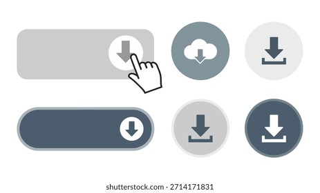 Conjunto de iconos de Botón de Descarga mínima con acciones de Hacer clic de cursor de puntero y mano. Diseño de Vector plano, Elementos de interfaz de usuario modernos, Formas limpias, colores neutros, aislados en blanco, perfecto para Web e interfaces App.