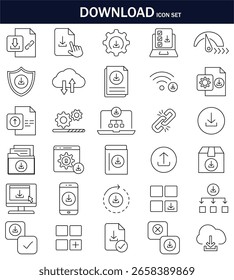 Minimal download icon set with cloud, file, gear, and progress symbols. Perfect for web, apps, and software interfaces. Clean line style. Vector-friendly design.