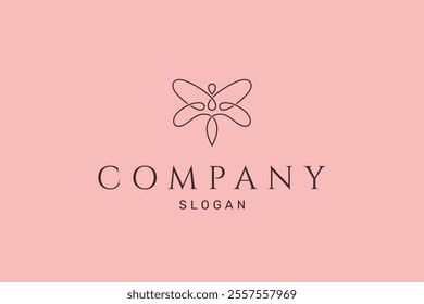 minimal dragonfly logo in linear design style with pink background