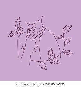 Minimal drawing of a beautiful female figure and neck with a twig and leaves. Line style drawing. Elegant drawing of a female body. The hand covers the chest.