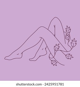 Minimal drawing of a beautiful female figure with a branch and leaves. Line style drawing. Elegant drawing of a female body, waist and legs. Aesthetic drawing of female legs.