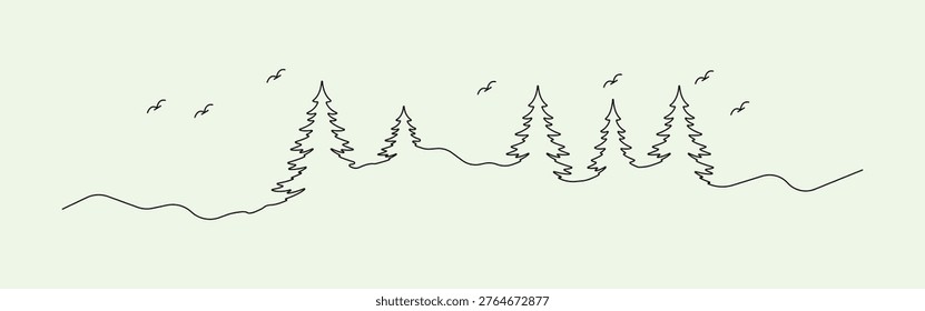 Minimal drawing of birds, trees, and hills suitable for naturethemed designs, logo, packaging, stationery, or wall art projects