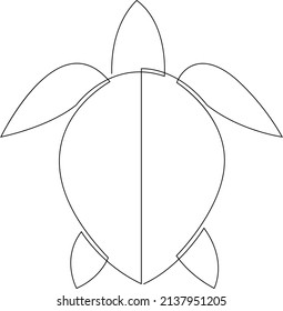 Minimal drawing of sea turtle animal drawn by single continuous line. View from above. Vector design isolated on white background.