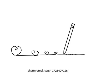 Minimal drawing Stryker of hearts and pen isolated on white background.There’s a copy space for your text.