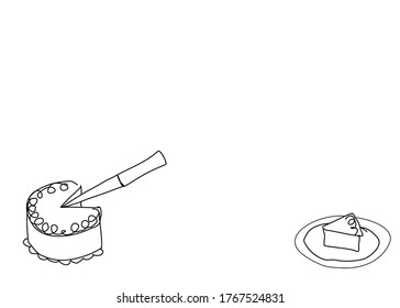 Minimal drawing style of cake and knife  isolated on white background.There’s a copy space for your text.