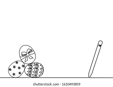 Minimal drawing style of three Easter eggs and a pen isolated on white background. There’s a copy space for your text.