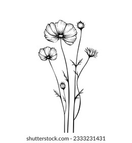 Minimal drawn floral botanical line art. Bouquets. Trendy elements of wild and garden plants, branches, leaves, flowers, herbs. Vector illustration for logo or tattoo, invitation, save the date, cardv