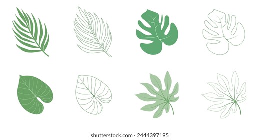 Minimal drawn leaves botanical line art. Trendy elements of garden and spring leaves. Vector illustration for invitation, banners, cards. Isolated