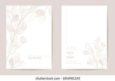 Minimal dried honesty flower invitation card. Wedding boho Save the Date set. Design template of dry flowers and leaves, blossom illustration. Vector trendy cover, pastel graphic poster, brochure