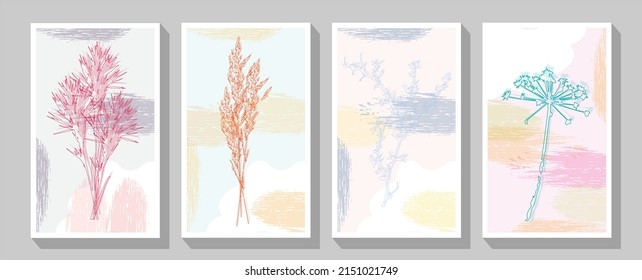 Minimal dried honesty flower invitation card. Watercolor vector flower, elegant greenery modern layout, luxury art deco cover.