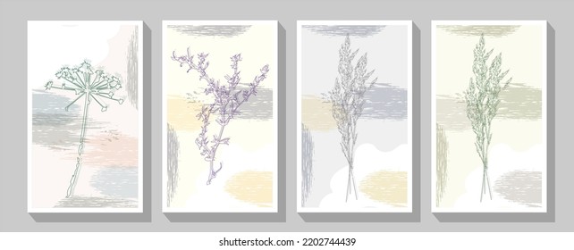 Minimal dried honesty flower invitation card. Colorful geometric background, vector illustration.