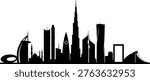 Minimal Dubai skyline silhouette featuring iconic modern architecture landmarks in a clean black vector style. Perfect for travel designs, urban branding, posters, and business presentations.