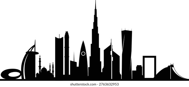 Minimal Dubai skyline silhouette featuring iconic modern architecture landmarks in a clean black vector style. Perfect for travel designs, urban branding, posters, and business presentations.