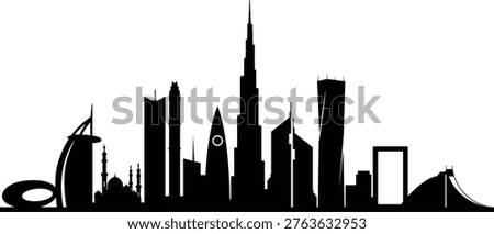 Minimal Dubai skyline silhouette featuring iconic modern architecture landmarks in a clean black vector style. Perfect for travel designs, urban branding, posters, and business presentations.