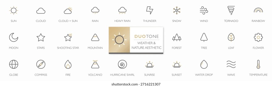 Conjunto de íconos de línea de duotono mínimo con Clima genérico y símbolos de naturaleza de estilo moderno. Incluye sol, nube, lluvia, nieve, trueno, tornado, hoja, viento, tormenta, luna, estrellas, montaña, bosque, agua, fuego, volcán, huracán, salida del sol, puesta del sol, temperatura y Elementos naturales para uso de interfaz de usuario y diseño digital. Trazo editable