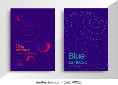 Minimal dynamic covers design with color sphere of dots. Geometry vector background in duotone color for flyer, poster.