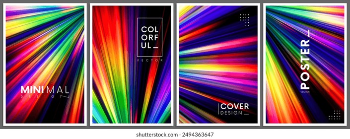 Minimal dynamic covers design with colorful vibrant radiant beams. Set of posters, brochures, flyers, with rainbow gradient glowing rays. Night club party or summer music festival invitations. Vector