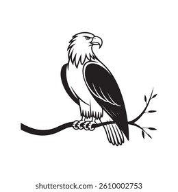 Minimal Eagle Sitting on Branch Icon , Bird Logo Isolated on White Background