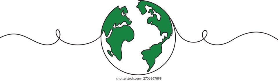Minimal Earth illustration with a continuous line design. Simple global outline creates a clean eco-themed graphic. Ideal for sustainability projects,  and educational visuals.