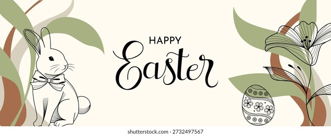 Minimal Easter Banner With Bunny And Botanical Floral Design Illustration
