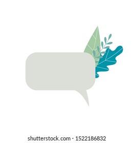 Minimal eco bubble talk with foliage on the side. An empty circle with organic product elements such as leaves. Copy space. Vector flat illustration isolated on white background. 