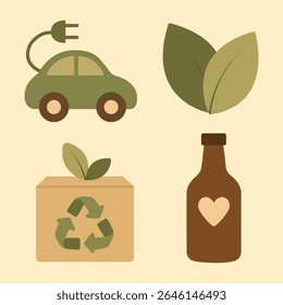 Minimal eco icon set in earthy tones: green electric car, leaves, recycling box, and brown glass bottle with heart. Great for sustainability, packaging, and eco-friendly design projects
