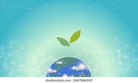 Minimal eco-friendly background featuring sprouting green leaves above a digital earth with network connections and clouds. Perfect for sustainability, ESG, and green growth concepts.