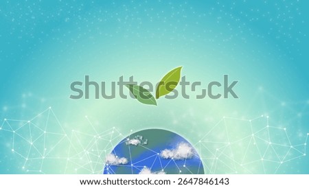 Minimal eco-friendly background featuring sprouting green leaves above a digital earth with network connections and clouds. Perfect for sustainability, ESG, and green growth concepts.