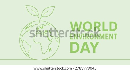 Minimal and eco-friendly World Environment Day illustration featuring a green outline of the Earth with leaves growing on top, alongside bold “WORLD ENVIRONMENT DAY” text in light green on a soft pastel background. Clean vector style with a modern environmental awareness theme.