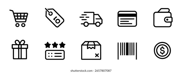 Minimal E-commerce Icons in Outline Style Including Cart, Credit Card, Delivery Truck, and More