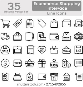 Ícones mínimos de interface de e-commerce definidos para a interface de usuário da Web e de aplicativos, com 35 ícones limpos e modernos de linha representando elementos de compra e varejo online. Inclui símbolos como carrinho, saco, etiqueta de preço, etiqueta de desconto, código de barras, caixa registradora, carteira, cartão de crédito, pagamento on-line, caminhão de entrega, pacote, crachá de venda, recibo, vitrine, coração da lista de desejos, cupom, cesta, caixa do produto, caixa de presente, dinheiro, check-out, suporte ao cliente, retorno e localizador de loja. Projetado com espessura de traçado consistente, tampas de linha arredondadas, preto monocromático sobre fundo branco. Perfeito para plataformas de e-commerce, aplicativos de varejo, lojas on-line e projetos de marketing que exigem ícones profissionais, escaláveis e favoráveis a vetores.