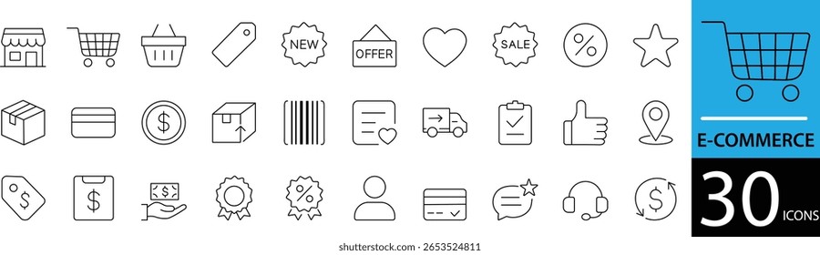 Minimal E-commerce Line Icon Set 30 Clean Outline Designs for Online Shopping, Payment, and Store Use