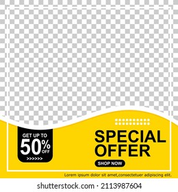 minimal editable banner template. Illustration
vector with photo, Black and yellow background color with stripes shape. Suitable for social media posting, promotion and web internet advertising.eps