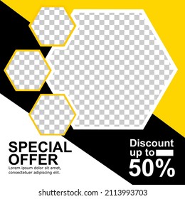 Minimal Editable Banner Template. Illustration
vector with photo, Black and yellow background color with stripes shape. Suitable for social media posting, promotion and web internet advertising.