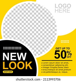 Plantilla mínima de banner editable. Ilustración
vector con foto, color de fondo negro y amarillo con forma de rayas. Adecuado para publicación en redes sociales, promoción y publicidad en Internet.
