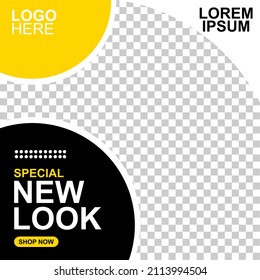 Minimal Editable Banner Template. Illustration
vector with photo, Black and yellow background color with stripes shape. Suitable for social media posting, promotion and web internet advertising.