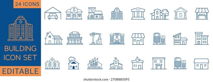 Conjunto de iconos de línea de edificio editable mínimo con iconos de hospital, hogar, tienda, banco, escuela, cafetería, fábrica, apartamento y oficina. Perfecto para UI UX, App, Sitios web y diseño de infografía.