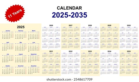 minimal editable calendar set from year 2025 to 2035. new year vector calendar collection. 10+ years calendar collection