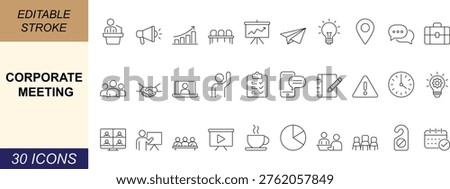 Minimal editable line corporate meeting icon set featuring team discussion, business presentation and conference symbols perfect for office dashboards, collaboration tools and UI design.