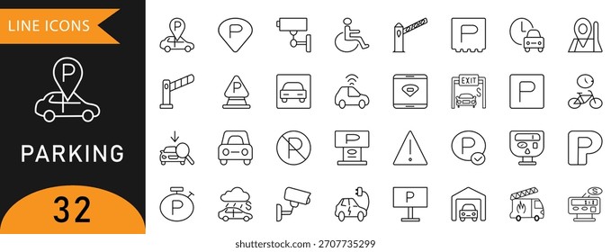 Minimal editable parking icon set. Featuring clear signs, direction symbols, vehicle control, monitoring, navigation, and facility illustrations for modern projects.
