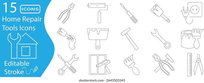 Minimal editable stroke line icon set of home repair tools including wrench, pliers, brush, and hammer. Perfect for maintenance, DIY, and construction themes.